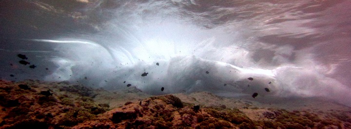 Waves build up before breaking on a deeply sloping crustose coralline algae covered reef at Swain's Island in American Samoa