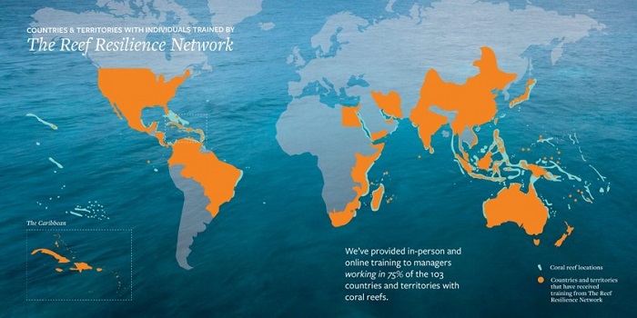 A map of countries and territories with staff trained by the Reef Resilience Network