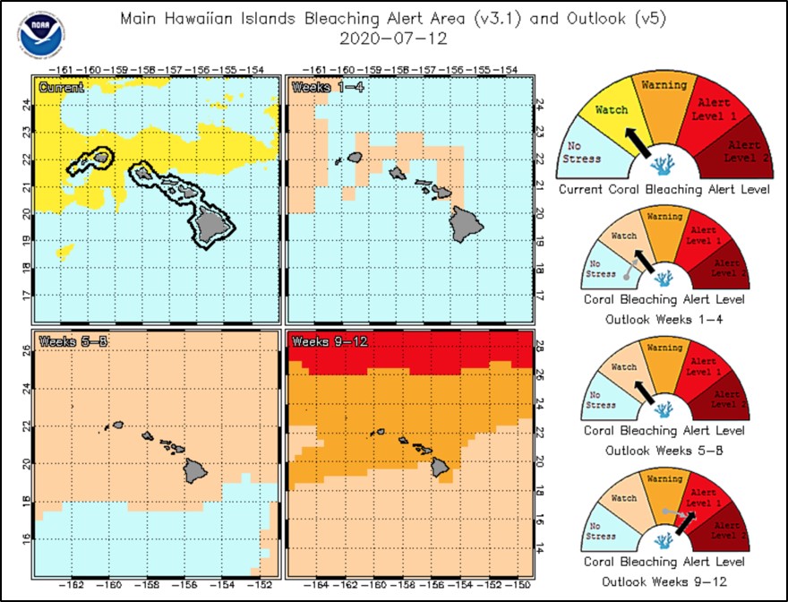 Current Coral Bleaching Alert Level and Outlook (for the next 4 months) for the Main Hawaiian Islands on July 12, 2020. 