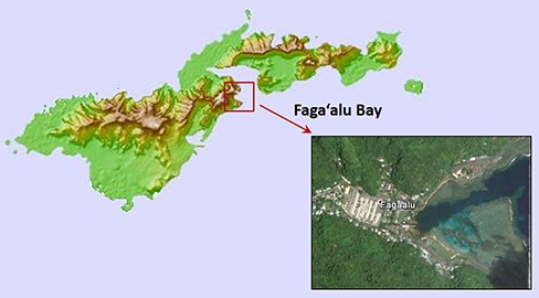 Aerial view of digital elevation map of the island of Tutuila with a red square around the Faga'alu Bay watershed area. The red square points to an inset satellite image of the watershed.