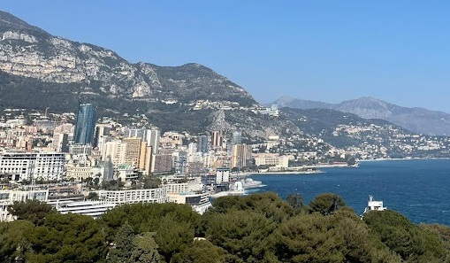  Aerial view of a developed coastline in Monaco with mountains in the background and the tops of green trees in the foreground.