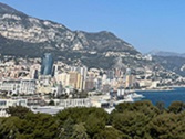 Aerial view of a developed coastline in Monaco with mountains in the background and the tops of green trees in the foreground.