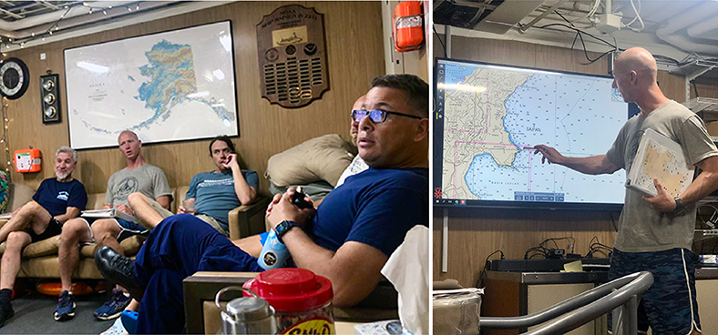 (left): People sitting on couches and chairs all facing one direction that is out of the frame. Several people have notebooks and binders with them. (right): A person stands in front of a screen that displays a map. The person is looking at and pointing to a place on the map. They hold a binder in one arm.
