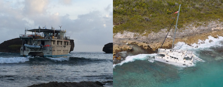 A photo on the left shows a tall fishing vessel in shallow waves with vegetated islands in the background. A photo on the right is an aerial view of a sailing vessel beached in shallow tropical waters along a rocky coast.