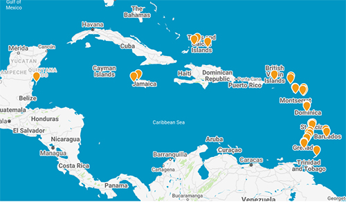Blue and white map of the Caribbean with orange dots indicating monitoring sites.