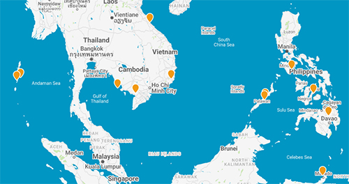 Blue and white map of southeast Asia with orange dots indicating monitoring sites.