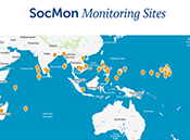 Blue and white map of South and Southeast Asia with orange dots indicating monitoring sites.